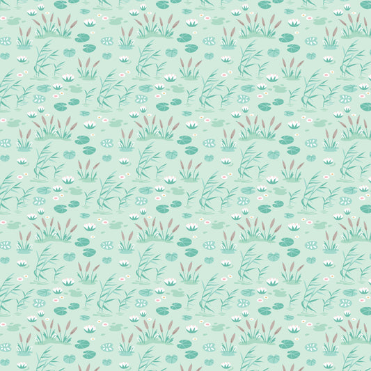 A repeating botanical pattern featuring water lilies, lotus leaves, and grasses in soft mint green, teal, dusty pink, and white on a pale mint green background.