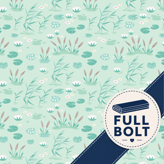 A repeating fabric pattern swatch with lotus floral motifs on a warm mint background, plus a navy diagonal banner and a circular badge reading FULL BOLT.