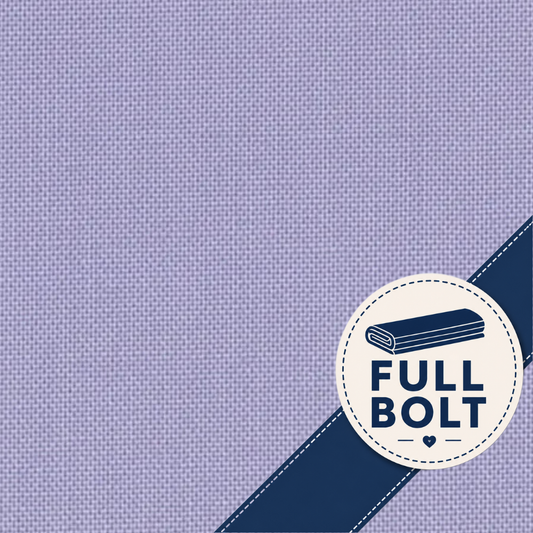 A close-up of a lavender-purple woven fabric texture with a dark navy diagonal band and a circular white badge reading FULL BOLT.