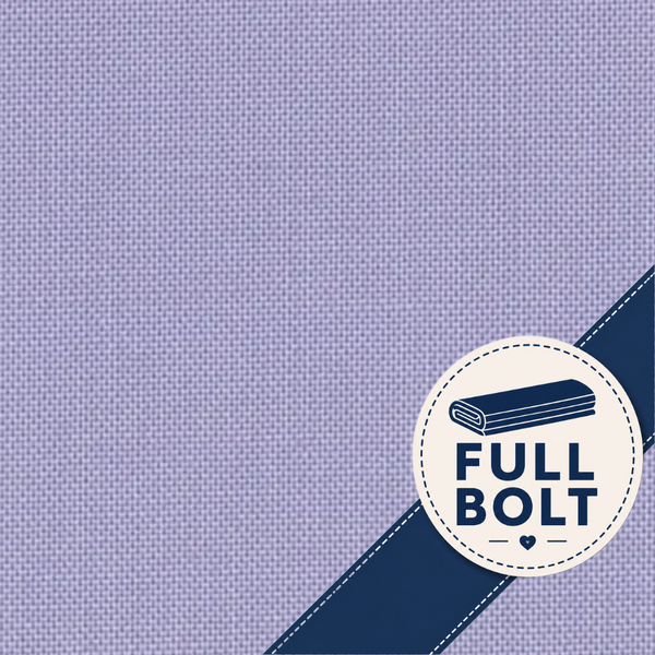 A close-up of a lavender-purple woven fabric texture with a dark navy diagonal band and a circular white badge reading FULL BOLT.