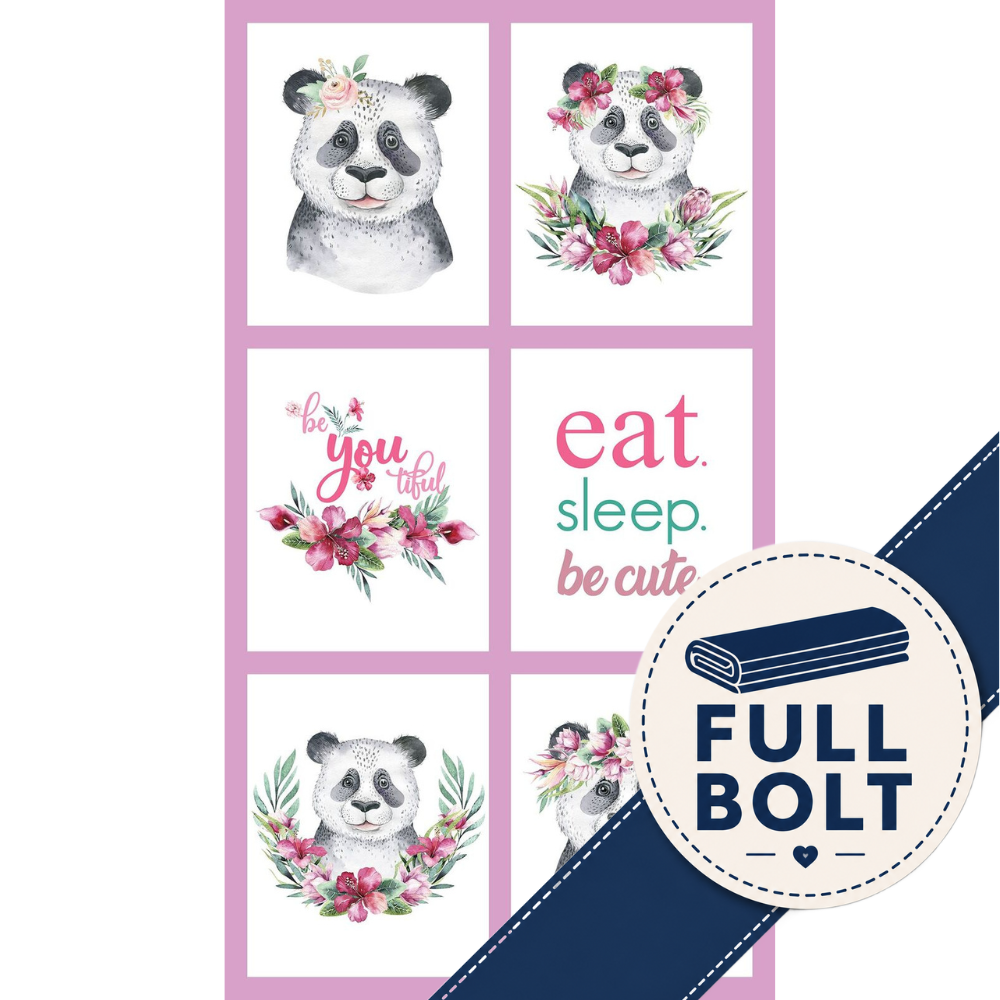 A fabric panel of six panda-themed blockss with watercolor panda illustrations, floral crowns, and phrases like 'be you tidy', 'eat. sleep.