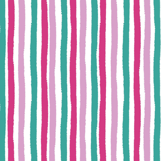 Vertical striped pattern with alternating hand-drawn style lines in teal, pink, light pink, and white.