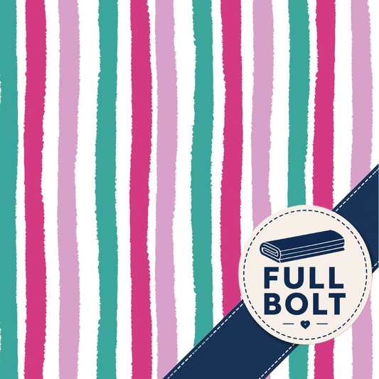 Vertical striped fabric pattern with alternating white, light pink, teal, and magenta stripes, plus a dark navy diagonal band and a circular badge reading FULL BOLT.