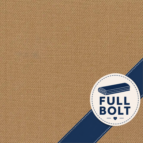 A close-up of a tan woven fabric texture with a navy blue diagonal ribbon-like stripe and a circular white badge reading FULL BOLT.