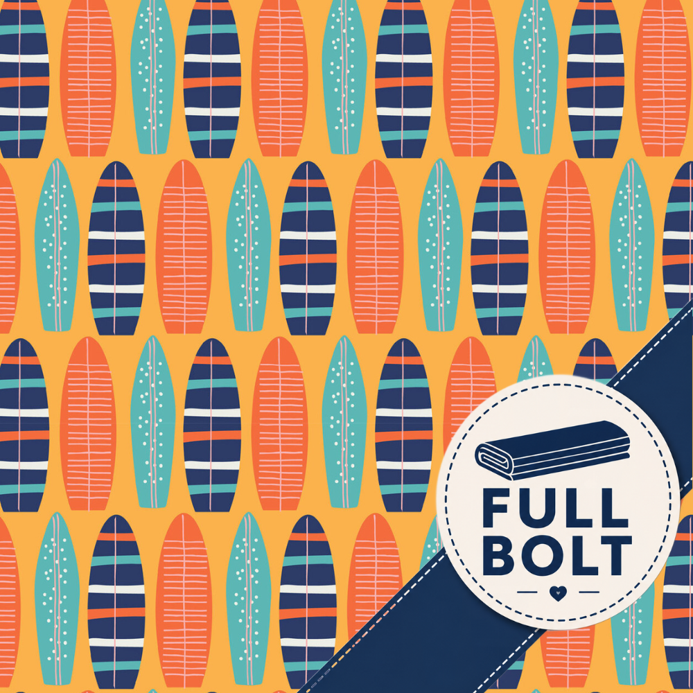 A repeating surfboard fabric pattern on a warm yellow-orange background, with a dark navy diagonal banner across the lower right and a white circular badge reading FULL BOLT with a small surfboard illustration.