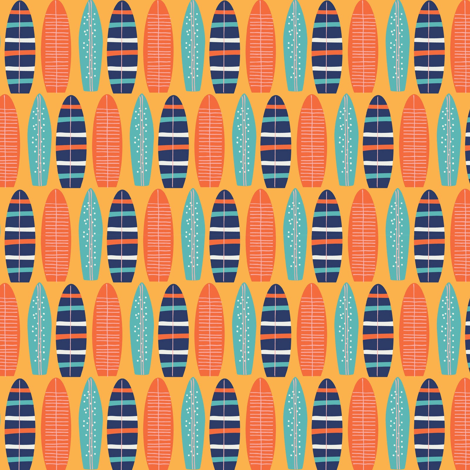 A repeating surfboard pattern on a warm orange background, with surfboards in coral, teal, and dark navy, some striped and some with white dotted details.