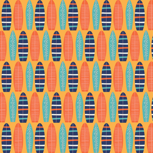 A repeating surfboard pattern on a warm orange background, with surfboards in coral, teal, and dark navy, some striped and some with white dotted details.