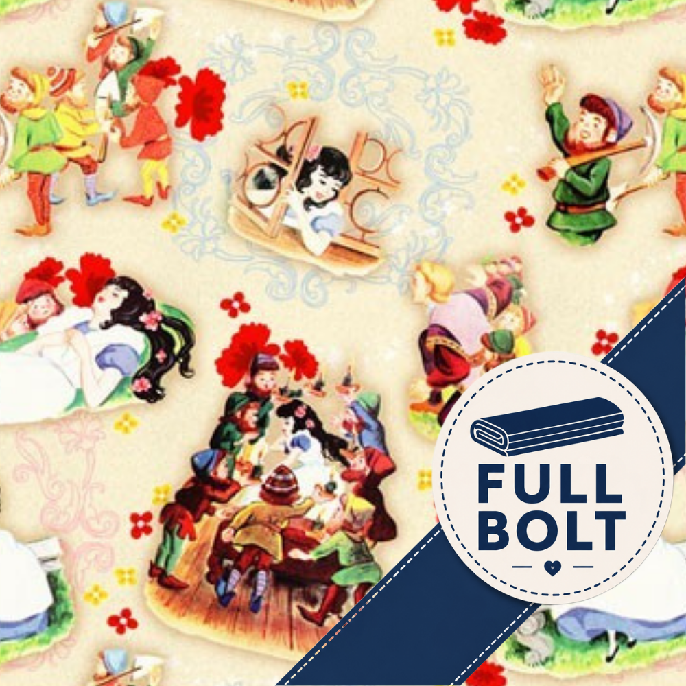 A close-up of a vintage-style fabric pattern featuring colorful illustrated figures of Snow White and the Seven Dwarfs on a cream background, with a dark blue diagonal banner reading 'FULL BOLT' and a folded fabric icon.