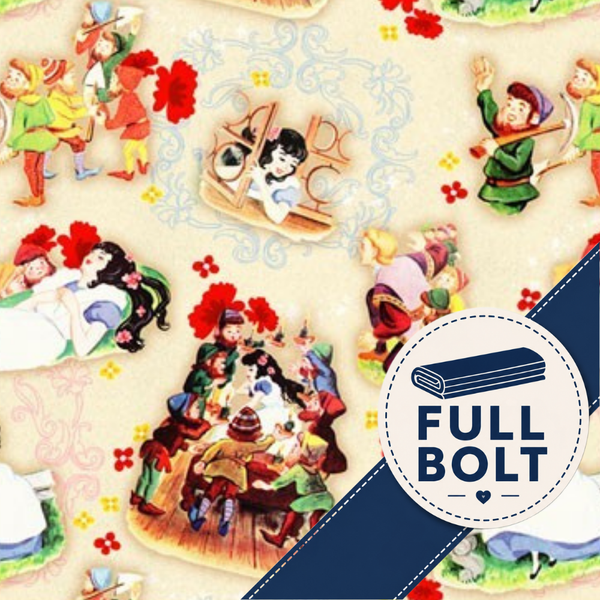 A close-up of a vintage-style fabric pattern featuring colorful illustrated figures of Snow White and the Seven Dwarfs on a cream background, with a dark blue diagonal banner reading 'FULL BOLT' and a folded fabric icon.