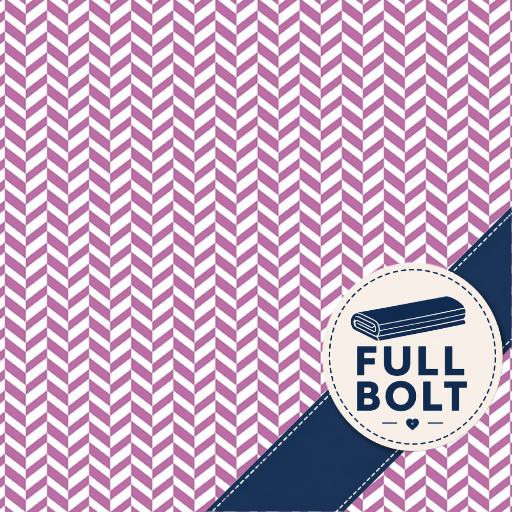 A repeating purple pink and white herringbone pattern fills the frame, with a dark navy diagonal band across the lower right and a circular badge reading FULL BOLT with a rolled fabric icon.