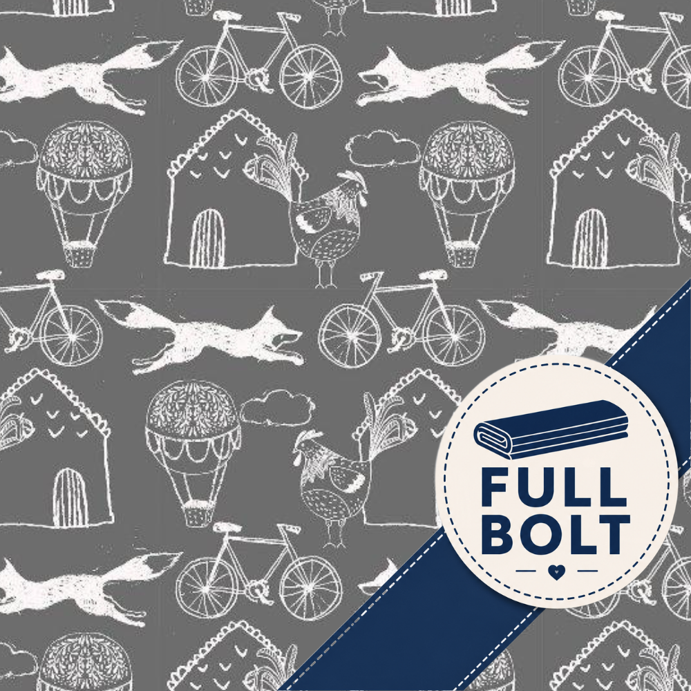 A repeating pattern of white hand-drawn illustrations on a medium gray background, including bicycles, houses, roosters, dogs, and hot air balloons. A dark blue diagonal banner overlays the lower right corner, with a circular badge reading FULL BOLT.