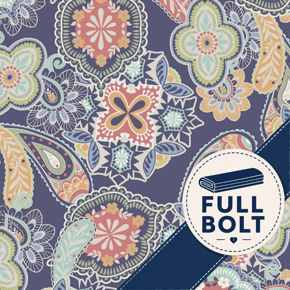 A close-up of a fabric pattern swatch featuring a detailed paisley and floral design in muted tones of navy, coral, beige, and light blue, with a white circular badge in the lower right reading 'FULL BOLT'.