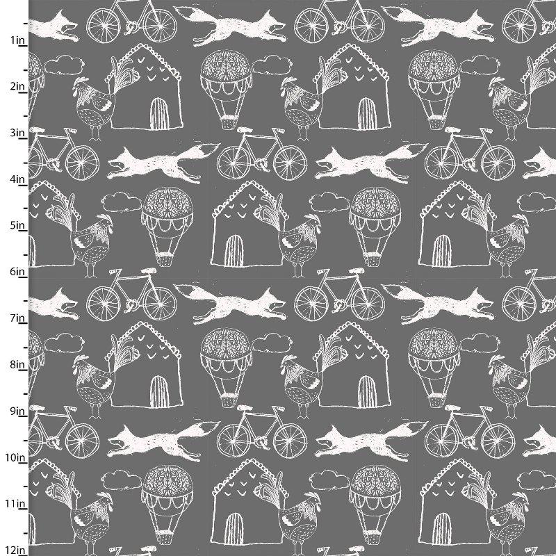 A repeating gray fabric or wallpaper pattern featuring white hand-drawn style illustrations of hot air balloons, bicycles, dogs, houses, and roosters, with a vertical measurement scale along the left edge.