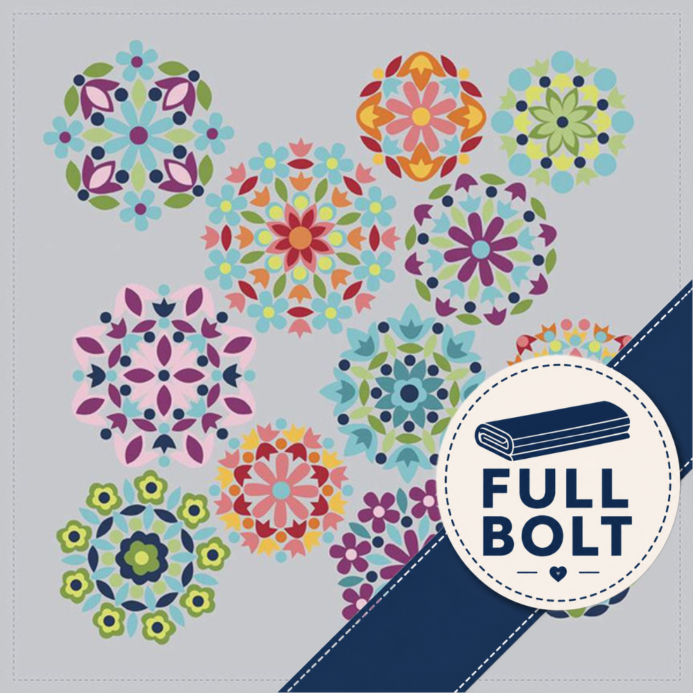 A graphic showing multiple colorful circular floral or mandala-style motifs arranged on a light gray background, with a dark blue diagonal banner and a white circular badge reading "FULL BOLT" and showing a rolled fabric icon.