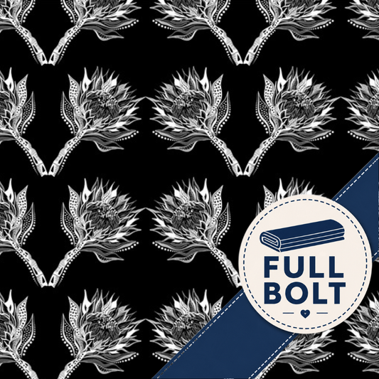 Waratah Flowers in black and white on black fabric