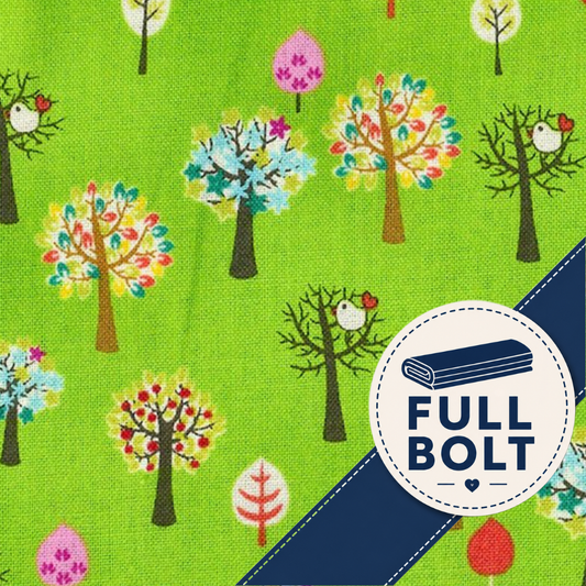 Bright green fabric with a colorful pattern of stylized trees, birds, and flowers, plus a navy diagonal band and a white circular badge reading FULL BOLT.