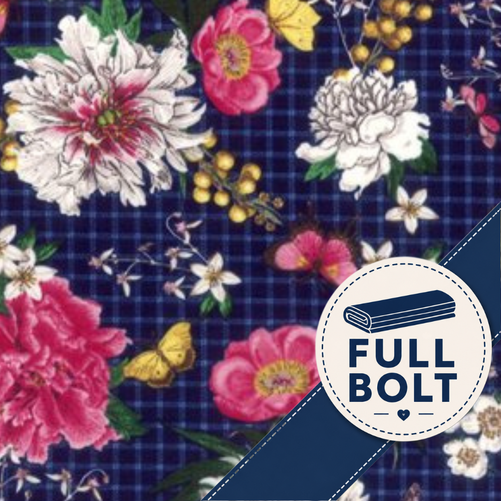 Hoffman Fabrics Modern Scrapbook Floral Indigo with flowers and butterflies on a blue check background