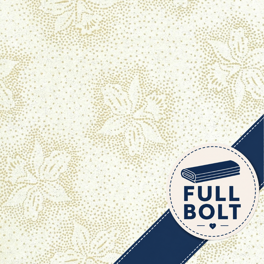A close-up of a fabric sample with a cream background, fine gold speckled dot pattern, and large tonal floral motifs. A navy diagonal ribbon crosses the lower right corner, and a circular badge reads “FULL BOLT” with an icon of folded fabric.