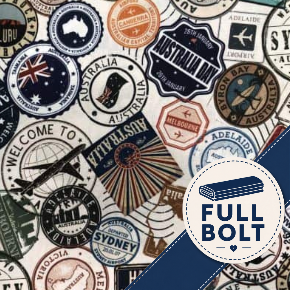 A close-up of a fabric pattern featuring a collage of vintage-style travel stamps and postmarks with Australia-themed designs, overlaid with a blue diagonal banner in the bottom right that reads 'FULL BOLT'.
