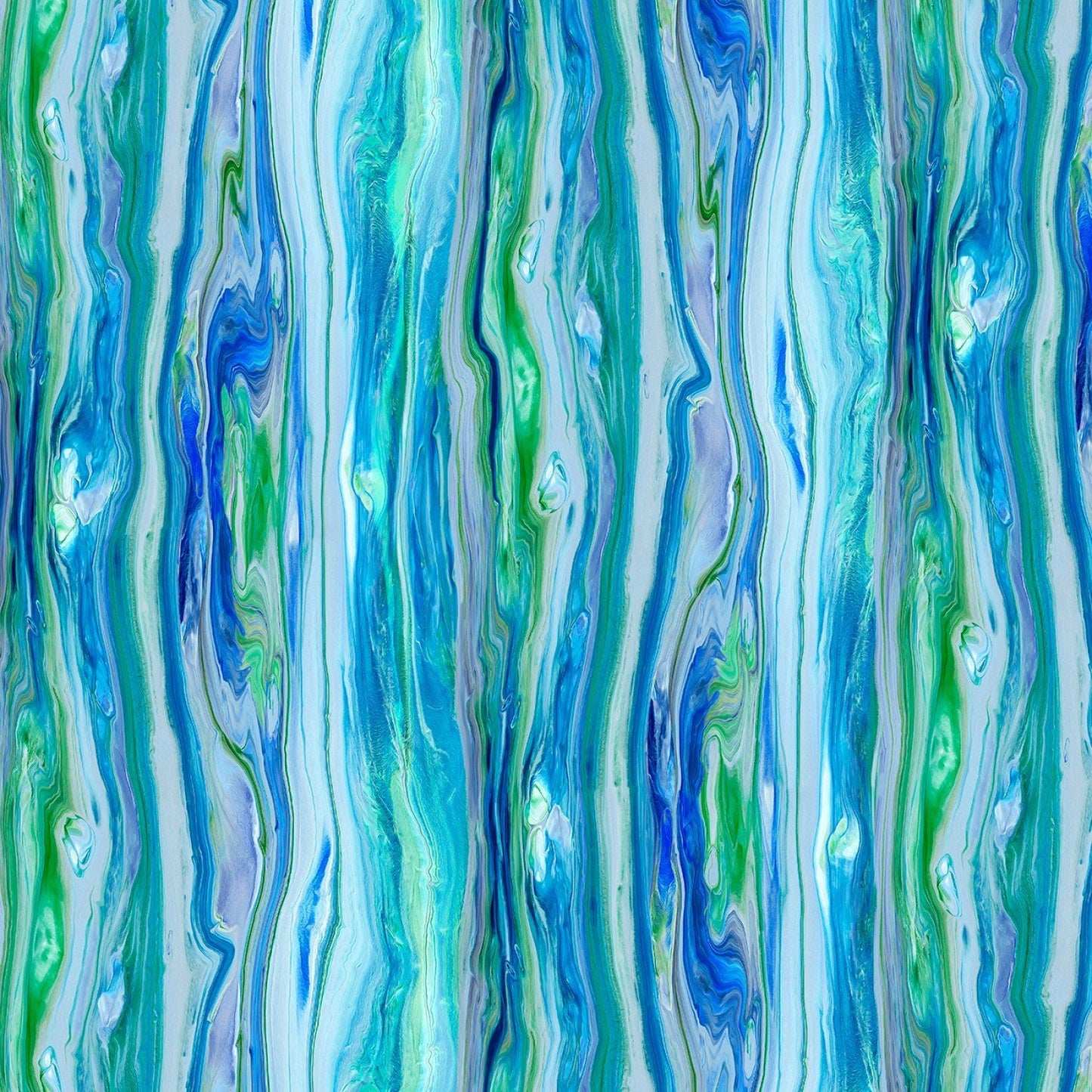 Abstract vertical marbled pattern in swirling shades of blue, teal, aqua, and green on a white base.