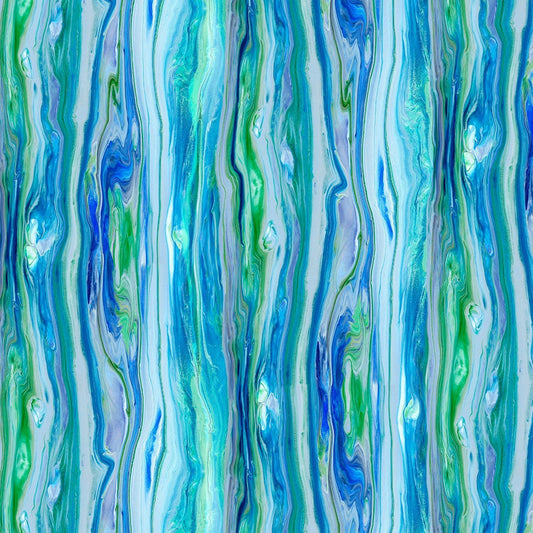 Abstract vertical marbled pattern in swirling shades of blue, teal, aqua, and green on a white base.