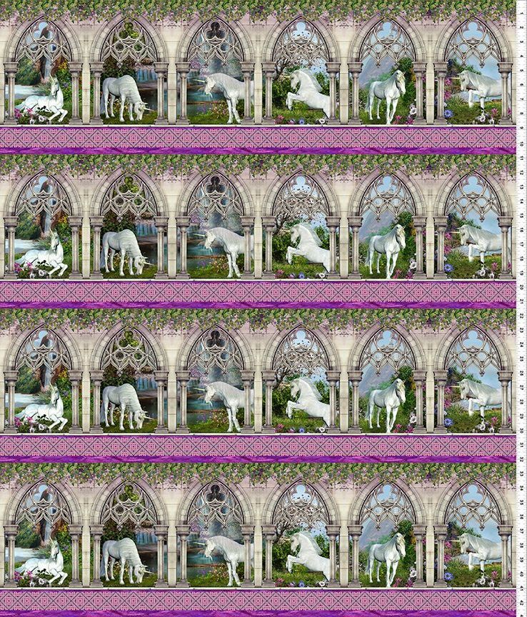 A repeating fabric pattern featuring white unicorns standing in front of ornate stone gothic arches with green foliage and blue sky details, separated by purple patterned bands.