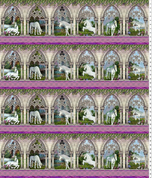 A repeating fabric pattern featuring white unicorns standing in front of ornate stone gothic arches with green foliage and blue sky details, separated by purple patterned bands.