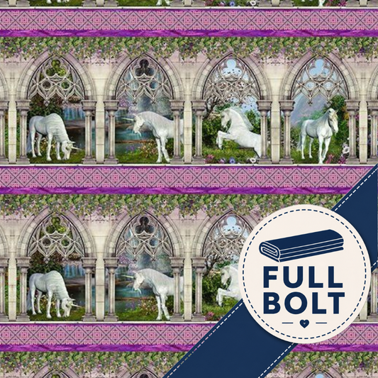 A repeating fabric pattern showing white horses in arched stone scenes with purple borders and greenery, plus a large circular badge reading FULL BOLT over a navy diagonal band.
