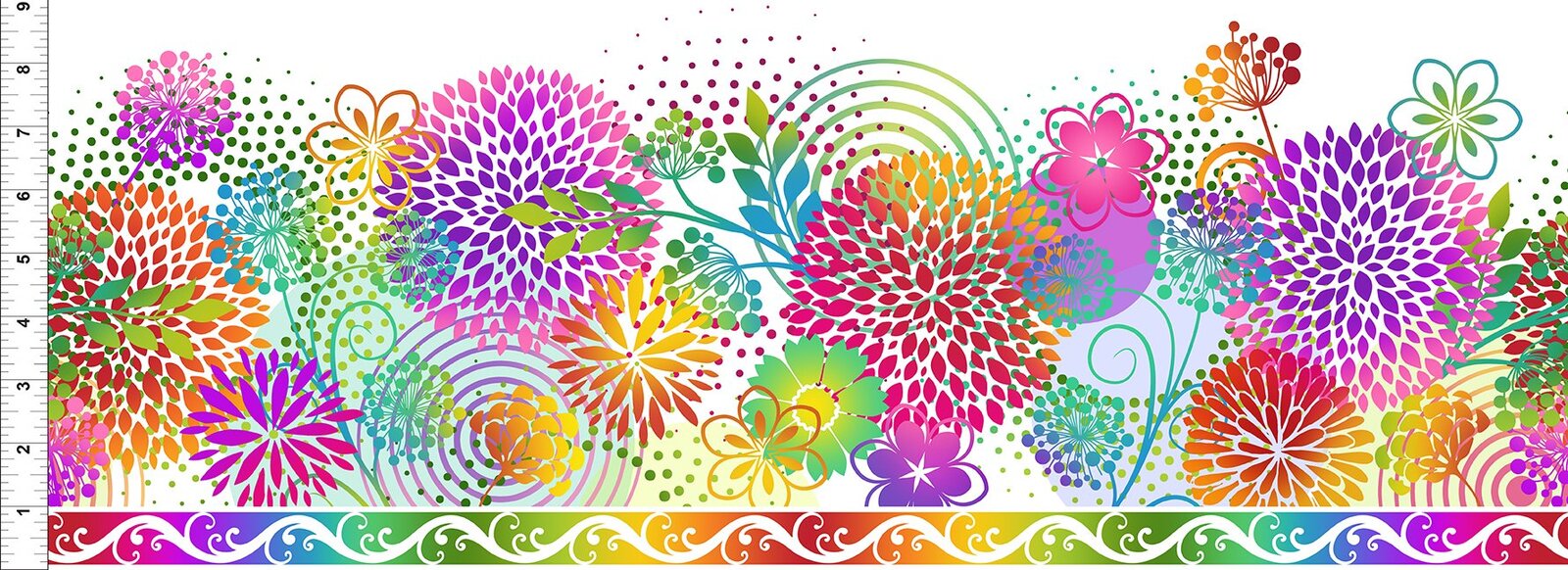A vibrant, multicolor floral fabric pattern featuring stylized dandelions, leaves, and abstract dots in rainbow hues, with a decorative rainbow border along the bottom and a white inch ruler scale on the left side.