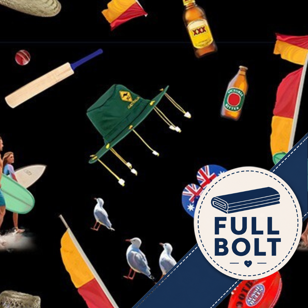Fabric showing Aussie icons including a VB beer bottle, cricket bat, seagulls, and an Australian hat with gold trim and tassels, a white circular badge reading FULL BOLT, flags, bottles, a cricket bat, birds, and other assorted illustrated objects.