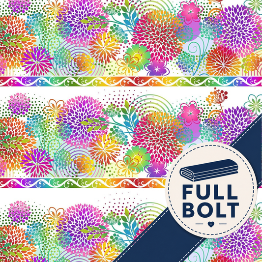 A repeating multicolor floral fabric pattern with bright purple, pink, orange, yellow, green, and blue flowers, decorative horizontal bands, and a dark navy diagonal section containing a circular badge that reads “FULL BOLT.”.