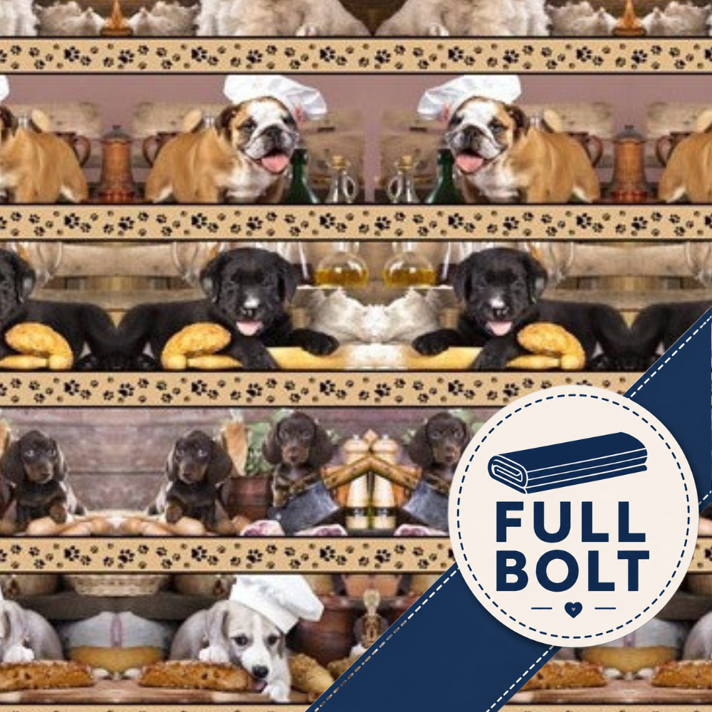 A repeating fabric patterned design featuring multiple dogs in a kitchen setting, with a large circular badge reading 'FULL BOLT' and a navy diagonal banner in the lower right corner.
