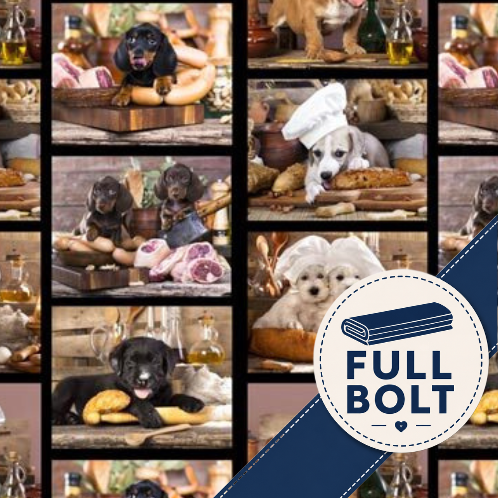 A  fabriccollage of multiple photos featuring dogs in rustic kitchen and bakery settings, with a large blue-and-white circular badge in the lower right that reads 'FULL BOLT' and shows a rolled fabric-like icon.