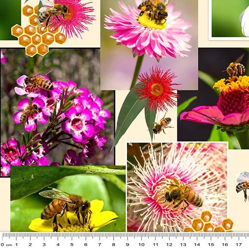 A fabric collage of multiple close-up photos of bees pollinating bright pink, red, yellow, and purple flowers, with a ruler along the bottom edge showing centimeter measurements.