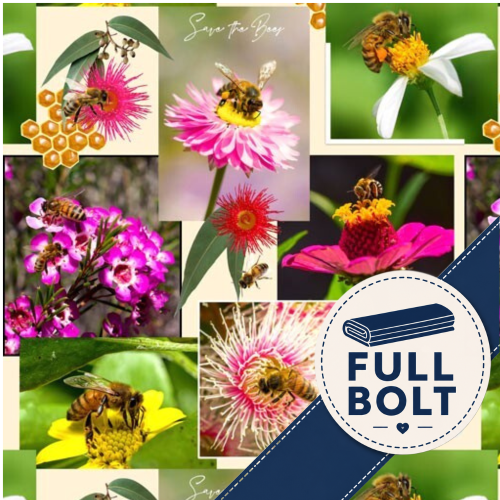 A collage of close-up fabric of nature photos featuring bees pollinating flowers, with a large blue-and-white circular badge reading 'FULL BOLT' and a diagonal blue ribbon across the lower right. The layout appears like a decorative print or poster rather than a clean product shot of a physical item.