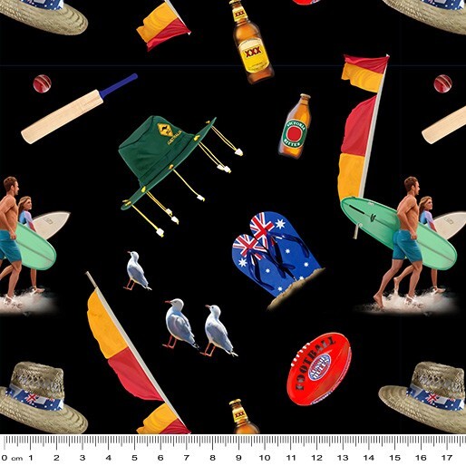 A repeating pattern of summer and beach-themed illustrations on a black background, including Australian flags, straw hats, surfers with surfboards, seagulls, a green hat with tassels, a cricket bat, a red soccer ball, and beer bottles. A ruler scale in cms is visible along the bottom edge.