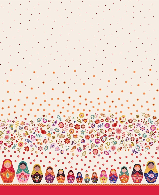A decorative patterned fabric design with a cream background, scattered small red and orange dots, a dense horizontal band of multicolored flowers and motifs across the lower middle, a row of nested dolls along the bottom edge, and a solid red stripe at the very bottom.