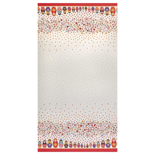 A  fabric panel  featuring a decorative border design with colorful Russian nesting dolls along the top and bottom edges and dense small floral and dot patterns near the top and bottom margins.