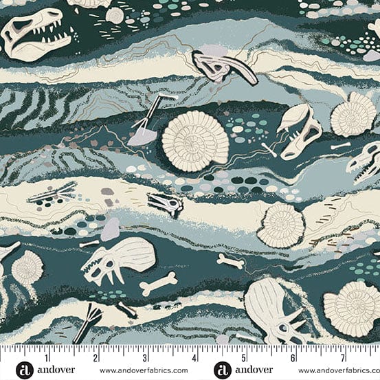 Fabric pattern with prehistoric-themed dinosaur design featuring bones and fossils on a blue and green background, with a ruler for scale.