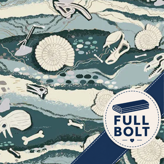 A close-up of a fabric pattern featuring pale cream and slate blue dinosaur fossil and bone illustrations, with a white circular badge in the lower right that reads “FULL BOLT” and shows a folded fabric sample icon.