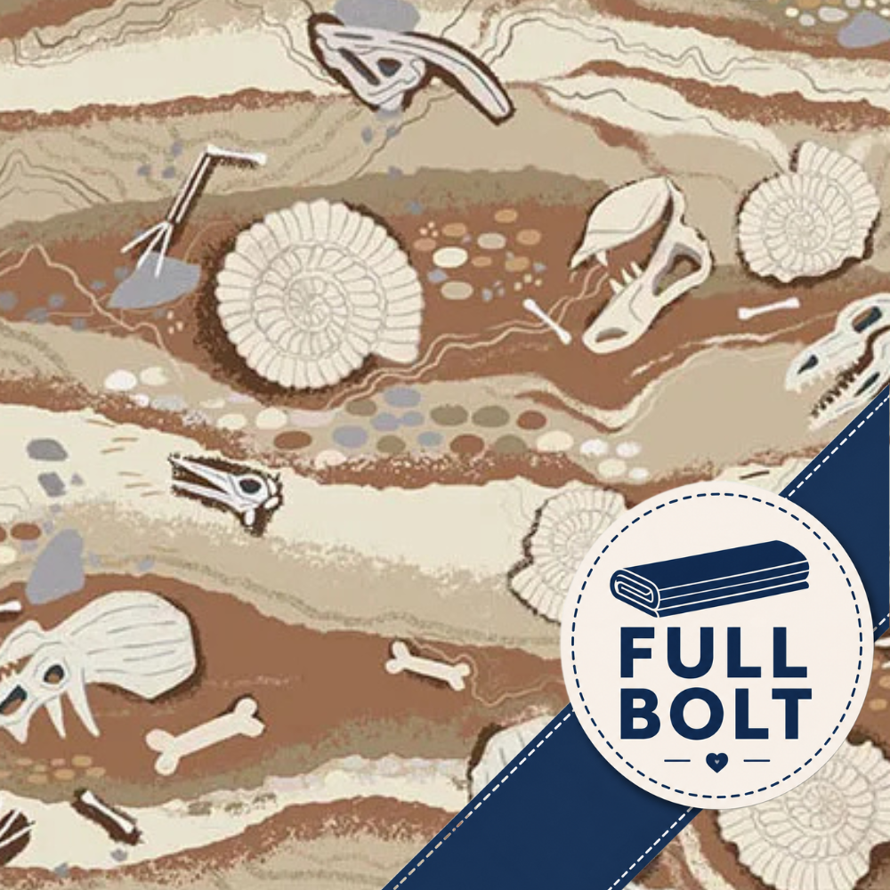 A close-up of a fabric pattern featuring pale beige and brown rock layers with white fossil illustrations, plus a blue diagonal band and a white circular badge reading FULL BOLT.