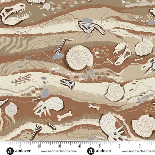 Fabric pattern with dinosaur bones and fossils on a brown background, featuring Andover Fabrics branding.