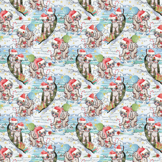 A repeating Christmas-themed pattern featuring cartoon snugglepot and cuddlepie hats and Santa hats, standing in boats on water with snow, red ornaments, and gift boxes.