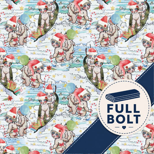 A repeating fabric pattern featuring cartoon cherubs in Santa hats and life jackets on a snowy background, with a navy diagonal stripe and a circular badge reading FULL BOLT.