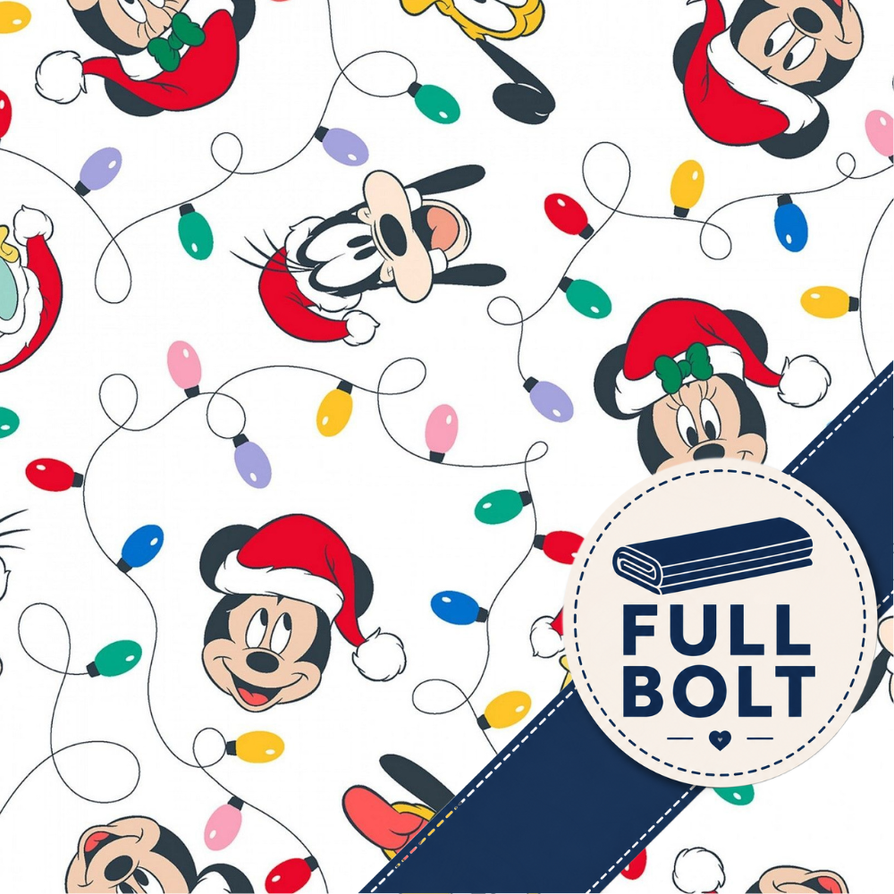 A festive repeating pattern featuring Disney characters like Mickey Mouse and Goofy wearing red Santa hats, surrounded by colorful Christmas string lights on a white background, with a navy blue diagonal banner reading 'FULL BOLT' and a folded fabric icon.