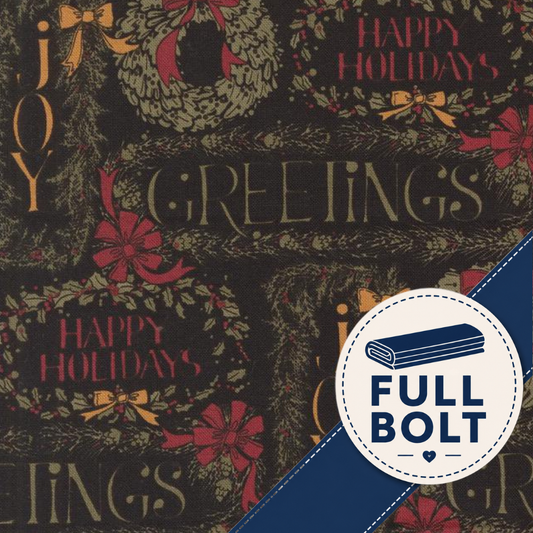 Christmas-themed fabric pattern with wreaths, bows, and the words 'JOY GREETINGS HAPPY HOLIDAYS' on a dark background, plus a blue diagonal band and a circular 'FULL BOLT' badge.