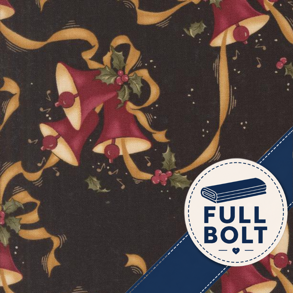 A close-up of a fabric pattern featuring red bells, gold ribbons, green holly leaves, and red berries on a dark background, with a blue and white 'FULL BOLT' label in the lower right corner.