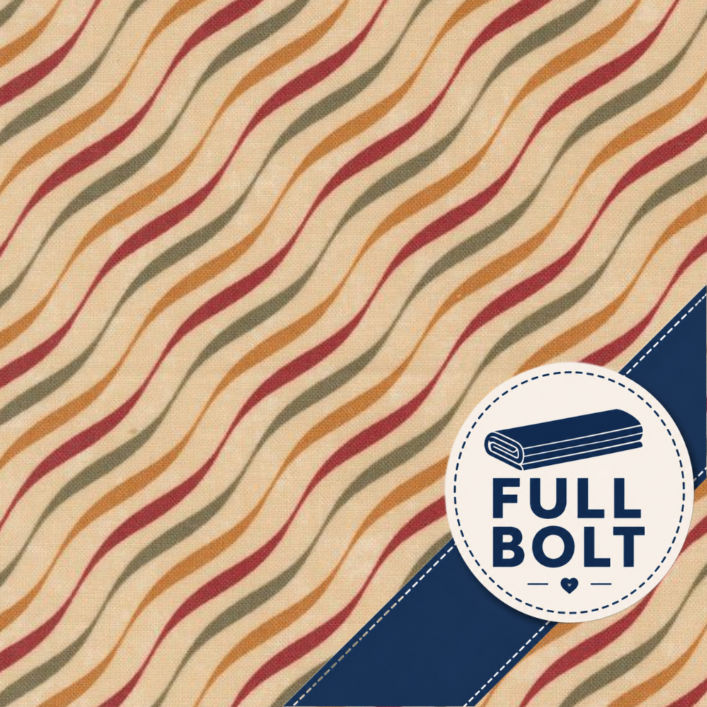 A close-up of a fabric pattern with wavy diagonal stripes in beige, rust red, mustard yellow, and olive green, overlaid with a dark blue diagonal band and a circular white badge reading FULL BOLT.