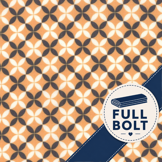 A repeating geometric fabric pattern with orange, cream, and dark navy shapes, overlaid with a diagonal navy ribbon and a circular badge reading FULL BOLT.