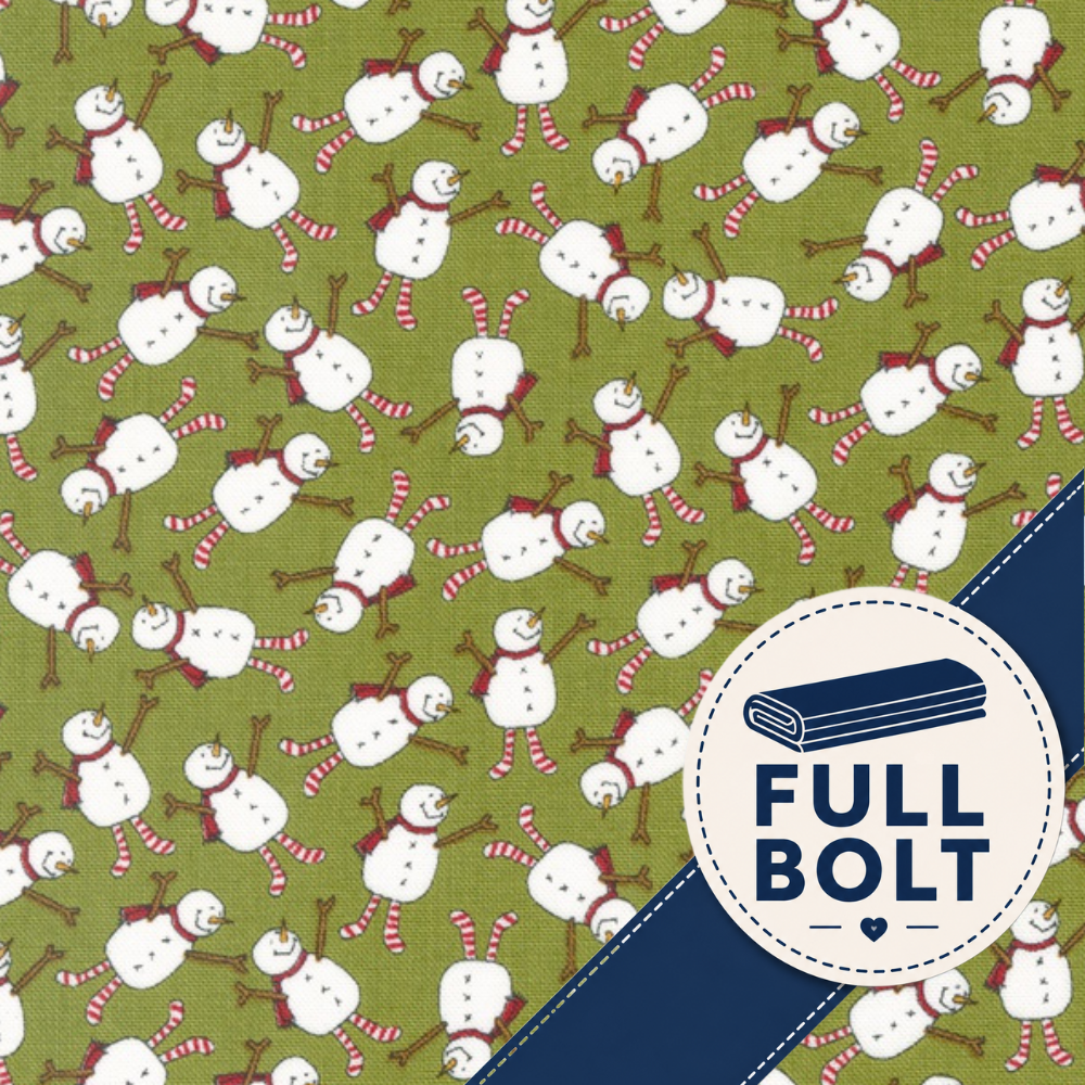 A repeating fabric pattern featuring white snowmen with red scarves and striped red-and-white scarves on an olive green background, with a dark blue diagonal band and a white circular badge reading “FULL BOLT.”.